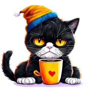 Black Cat Drinking from Coffee Cup with Angry Expression
